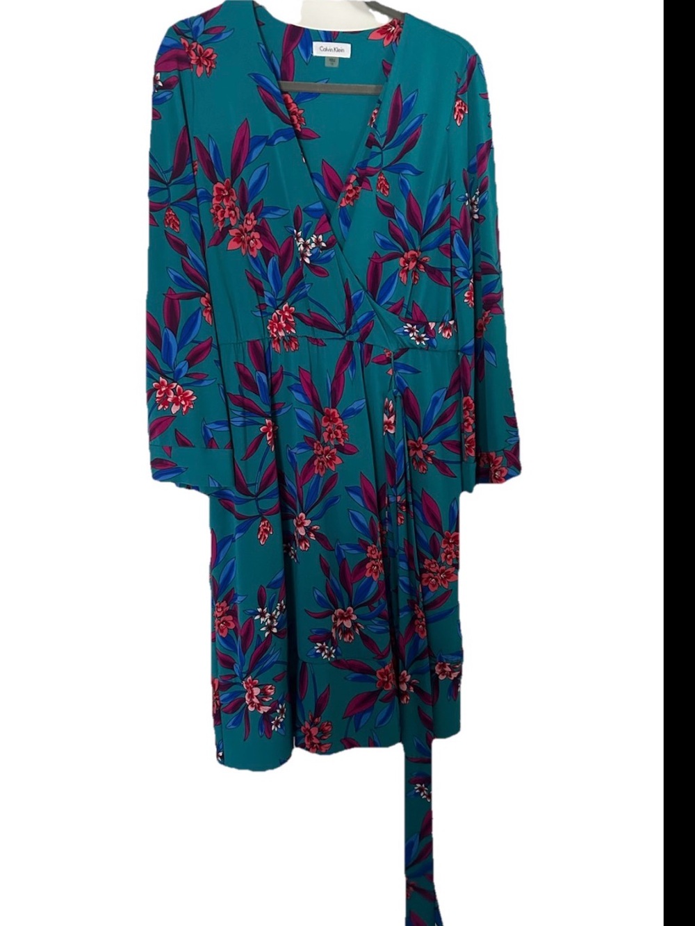 Calvin Klein Teal Floral Wrap Dress with Pink & Blue Blooms Sz 12